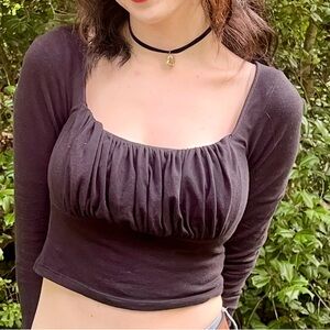 Y2K Style Black Ruched Scoop Neck Line Long Sleeve Fitted Top - SO XS